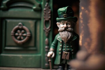 Obraz premium A realistic leprechaun, standing in front of a wooden door. St. Patrick's Day. Generative AI
