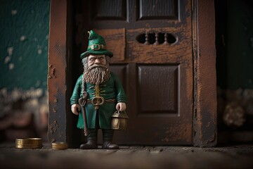 A realistic leprechaun, standing in front of a wooden door. St. Patrick's Day. Generative AI