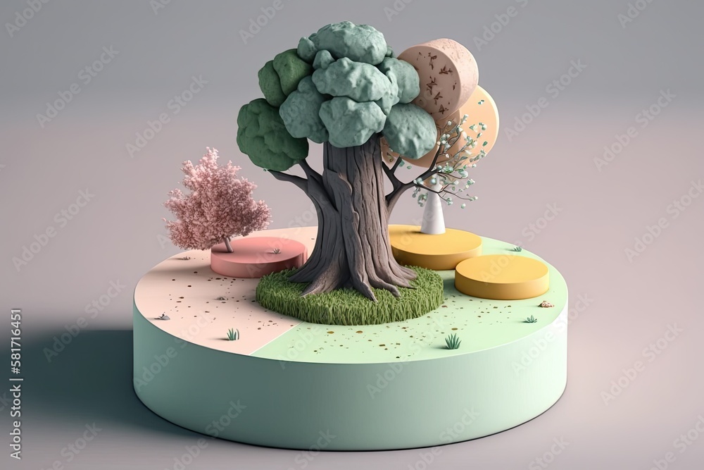 Poster tree with bark and moss in a pastel background. abstract display podium for natural cosmetics. natur