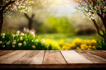Naklejka na ściany i meble Wooden table in garden of spring time blurred background