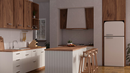 Side view of beautiful Scandinavian kitchen interior design with kitchen island, stools