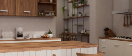 Copy space on minimal wood kitchen countertop in minimal Scandinavian kitchen