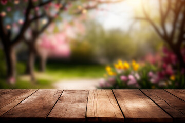 Wooden table in garden of spring time blurred background
