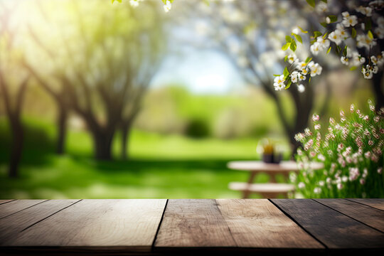 Wooden table in garden of spring time blurred background