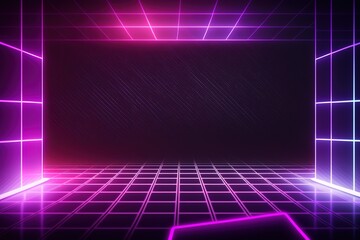 Synthwave wireframe net illustration. Abstract digital background. 80s, 90s Retro futurism, Retro wave cyber grid. Top and bottom surfaces. Neon lights glowing. Starry background. 3D Rendering