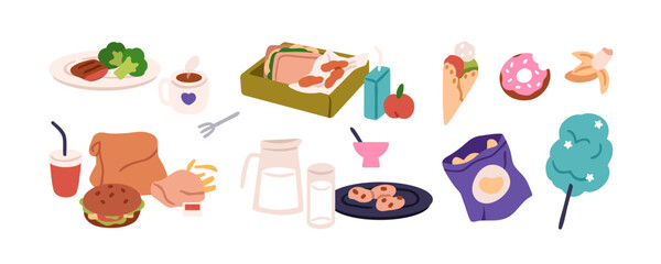 Food, snacks, meals, dishes set. Sweet desserts, eating, fruit, drinks. Sandwich in lunchbox, donut, burger, potato chips, cookies and milk. Flat vector illustration isolated on white background
