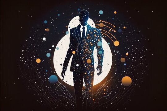 Abstract image of businessman in suit with shield in the form of a starry sky or space, consisting of points, lines, and shapes in the form of planets, stars and the universe. Vector protection