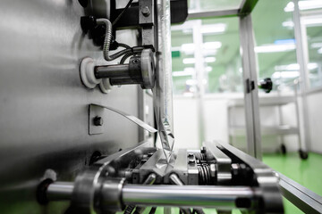 Close up of view Manufacture process automatic fill powder machine vertical sealing with packing...