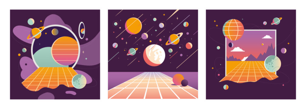 Virtual reality backgrounds set, cartoon style. Cyberspace entry concept, window to the metaverse. Space, planets and stars, retro futurism. Trendy vector illustration, hand drawn, flat