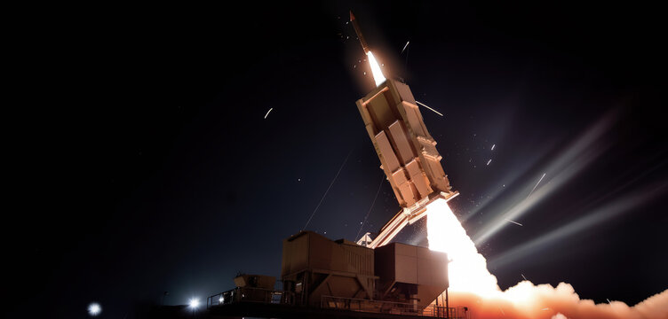 A surface to air missile (SAM),  or surface to surface missile (SSM )launch at nighttime. Radar guided air defense system night time launch. Generative AI.  