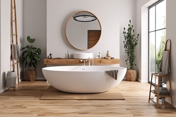 Fototapeta na wymiar White walls, a hardwood floor, a bathtub, dry plants, a white sink set atop a wooden countertop, and an oval mirror hanging above the sink are all features of a contemporary bathroom. Generative AI