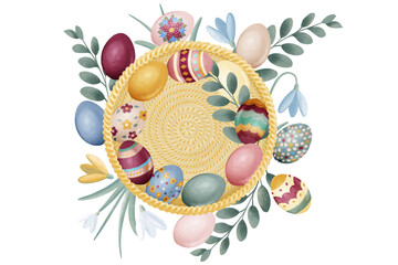 Digital illustration of colorful Easter eggs and spring greens inside and outside of the round wicker basket, top view. Stylized decorative symbol of Easter. Hand-drawn clipart in a watercolor style