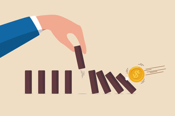 Stop loss or effort to avoid market crash or banking collapse, economic recession, problem prevention, help or rescue concept, businessman hand stop domino effect or financial chain reaction collapse.