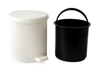 Plastic trash can with lid on white background