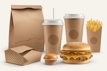 Fast food eco packaging with big lunch set of tasty hamburger, french fries, paper coffee cups, brown paper bag and box on the table isolated on white background. Generative AI