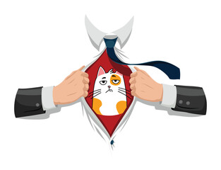 Opening shirt superhero. Office worker or businessman tearing his shirt to show symbol in flat cartoon style. Business success concept in pop art comic style. Vector illustration