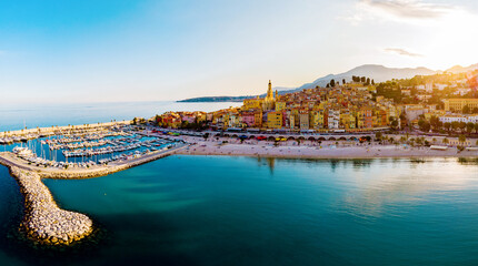 colorful old town Menton on the french Riviera, France. Drone aerial view over Menton France...