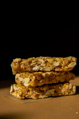 Homemade natural Granola energy bar. Variety of homemade Protein granola breakfast bars with nuts, raisins dried cherries and chocolate. Healthy nutrition eating. Gluten free cereal dieting snack