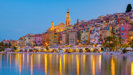 View on the old part of Menton, Provence-Alpes-Cote d'Azur, France Europe during a summer evening....