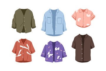 Women blouses and shirts set. Casual summer garment. Female apparel in modern style. Fashion top clothes with button closure of different designs. Flat vector illustration isolated on white background