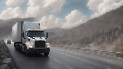 Obraz na płótnie Canvas A truck is driving on the road. Dark dramatic landscape as background, gloomy sky with rainy clouds, forest and hill. Generative AI.