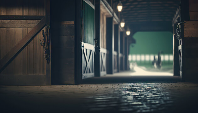 Illustration of horse stable interior. Indoor background with copy space. AI generative image.