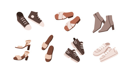 Female fashion shoes set. Casual autumn boots, sport sneakers, trainers, summer slippers, heeled sandal. Different types of modern women footwear. Flat vector illustration isolated on white background