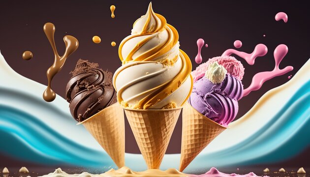 Advertising banner with different flavored ice cream cones on abstract background with copy space. AI generative image.