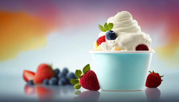 Close up creamy yogurt with strawberry and blueberry, dairy product, healthy organic food advertising banner. AI generative image.