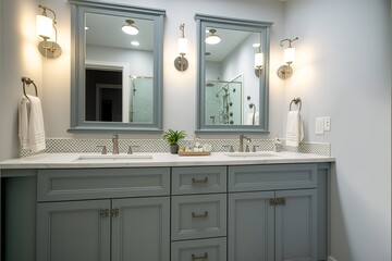 ELMHURST, IL, USA - MAY 22, 2020: A luxurious renovated bathroom with a grey vanity, rustic wood framed mirrors, and chrome faucets and hardware, AI generated