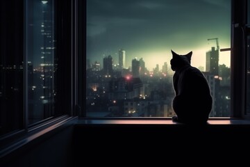 A black cat is perched on a windowsill, gazing at the thriving city below. Generative AI
