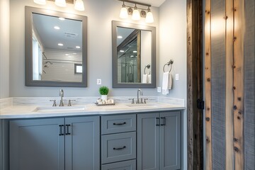 ELMHURST, IL, USA - MAY 22, 2020: A luxurious renovated bathroom with a grey vanity, rustic wood framed mirrors, and chrome faucets and hardware