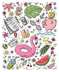 Vector doodle illustration Summer collection. Colorful symbols of summer palm tree, flamingo, watermelon, plane tickets, piggy bank, blueprint. Sticker set
