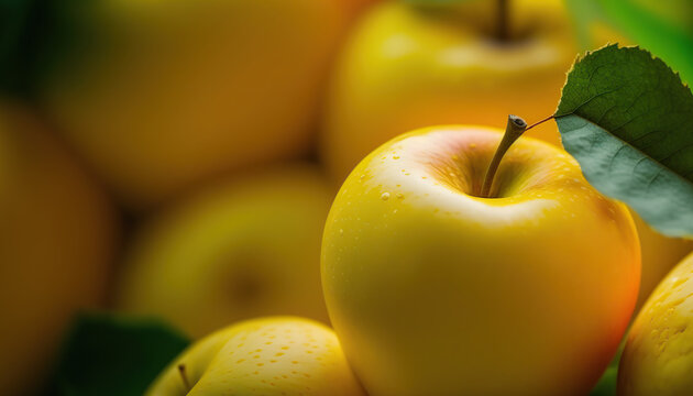 Horizontal banner with close up yellow ripe delicious apples. Organic healthy food. AI generative image.