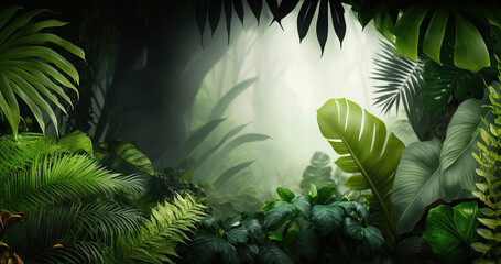 Obraz premium Beautiful different tropical leaves on blurred jungle background with copy space. Rainforest outdoor backdrop with place for text. AI generative image.