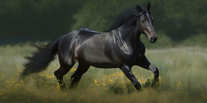 A black horse is captured in motion from the front while running freely in a field in this photograph. Generative AI © INORTON