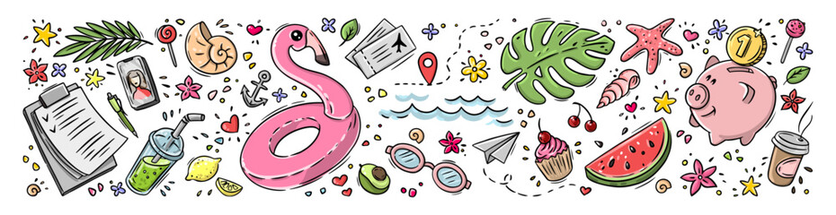 Vector doodle illustration Summer collection. Colorful symbols of summer palm tree, flamingo, watermelon, plane tickets, piggy bank, blueprint. Horizontal composition