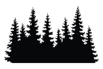Fir trees silhouettes. Coniferous spruce horizontal background patterns, black evergreen woods vector illustration. Beautiful hand drawn panorama with treetops forest. Black pine woods