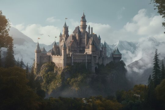 A castle stands amidst a dense forest of trees and bushes in the foreground. Generative AI