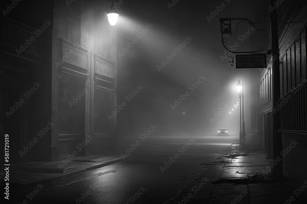 Canvas Prints street and an empty, foggy, dark chamber in the background are both lit by a spotlight. generative a