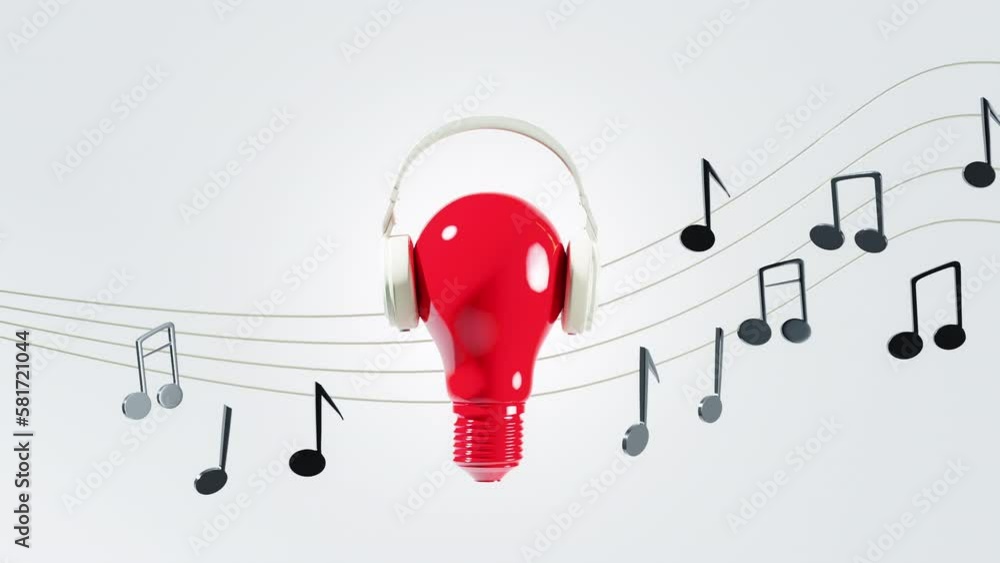 Aufkleber red light bulbs floating put on headphones isolate on white color background with note melody minima
