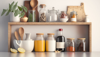 Fototapeta na wymiar Cozy kitchen shelf with utensils, dishware and orange fruits. Indoor background. AI generative image.