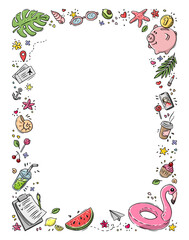 Vector doodle illustration Summer collection. Colorful symbols of summer palm tree, flamingo, watermelon, plane tickets, piggy bank, blueprint. Vertical composition - 581721059