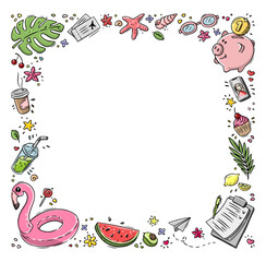 Vector doodle illustration Summer collection. Colorful symbols of summer palm tree, flamingo, watermelon, plane tickets, piggy bank, blueprint. Square composition