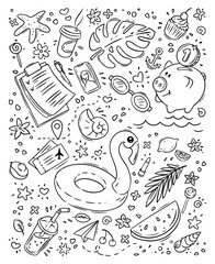 Vector doodle illustration Summer collection. Black and white symbols of summer palm tree, flamingo, watermelon, plane tickets, piggy bank, blueprint