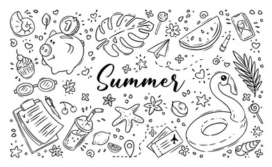 Vector doodle illustration Summer collection. Black and white symbols of summer palm tree, flamingo, watermelon, plane tickets, piggy bank, blueprint