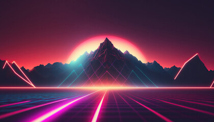 Fototapeta na wymiar Trendy neon synth wave background with sunset sky, road and mountains, retro abstract background. Retro wave scene. AI generative image.