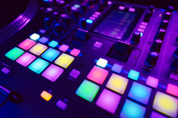 Close up of DJ mixing console in party light