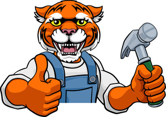 Tiger Carpenter Handyman Builder Holding Hammer