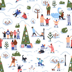 Obraz na płótnie Canvas Seamless Christmas pattern, people during winter funs. Repeating print, snow nature, street with happy characters, families, kids at Christmas holiday time outdoors. Flat graphic vector illustration